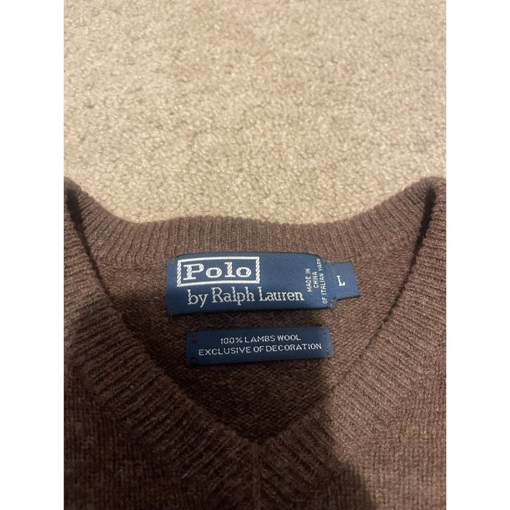 Polo Ralph Lauren Sweater Mens Large Brown Lambs Wool V-Neck Pony Logo
